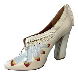 Tory Burch Yuma Fringe Feather Heel 7.5 Folk Art Block Pump